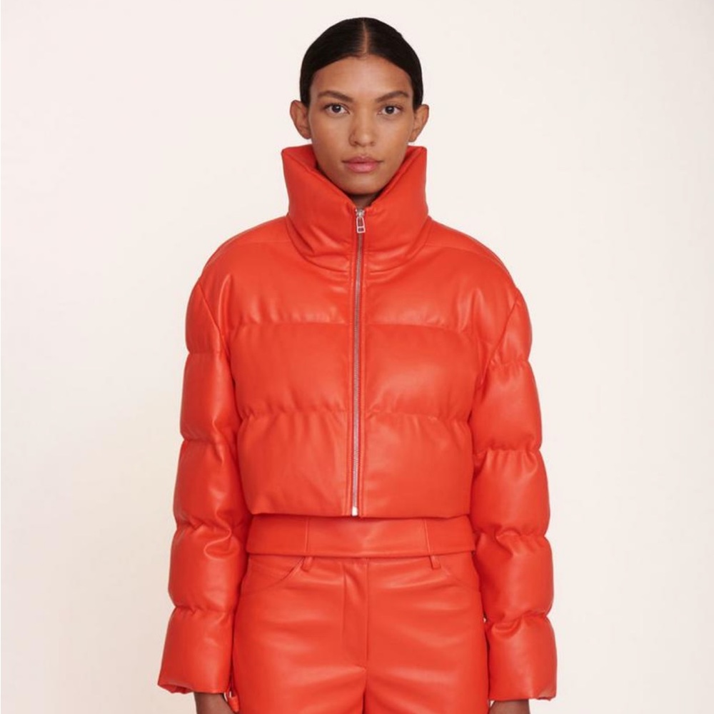 NWT STAUD Cropped Ace Coat Cherry Vegan Leather, Size S